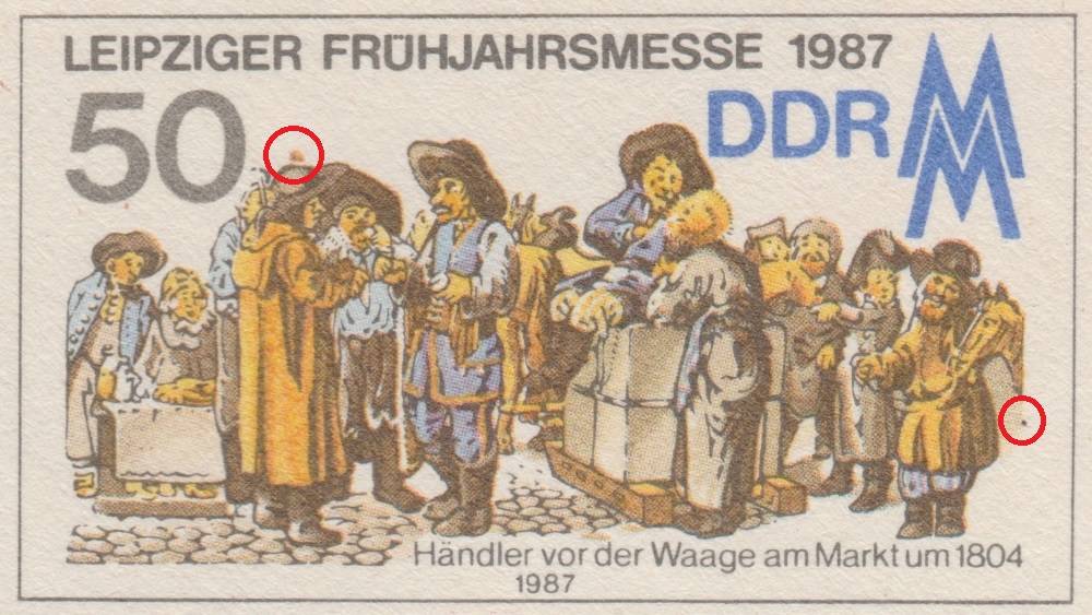 50 Pf mit Fleck am Hut und schwarzem Punkt rechts